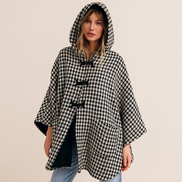 Vintage 1960s Hooded Houndstooth Mod Wool Cape Poncho Winter Coat - Picture 1 of 6
